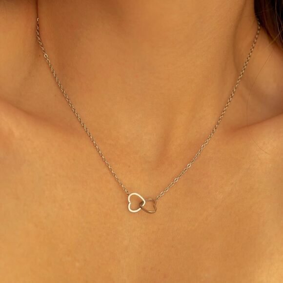 Dainty Double Heart Necklace for Women14K Gold Plated Heart Pendant Gift Girls - Picture 1 of 5